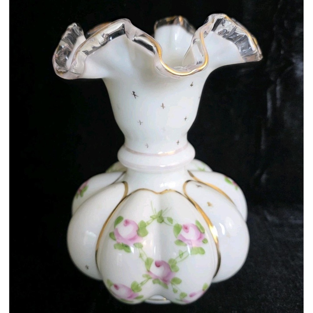Fenton Hand Painted 1940's‎ Charleton Roses Bow Tie Melon Vase Gold Rim 8" RARE